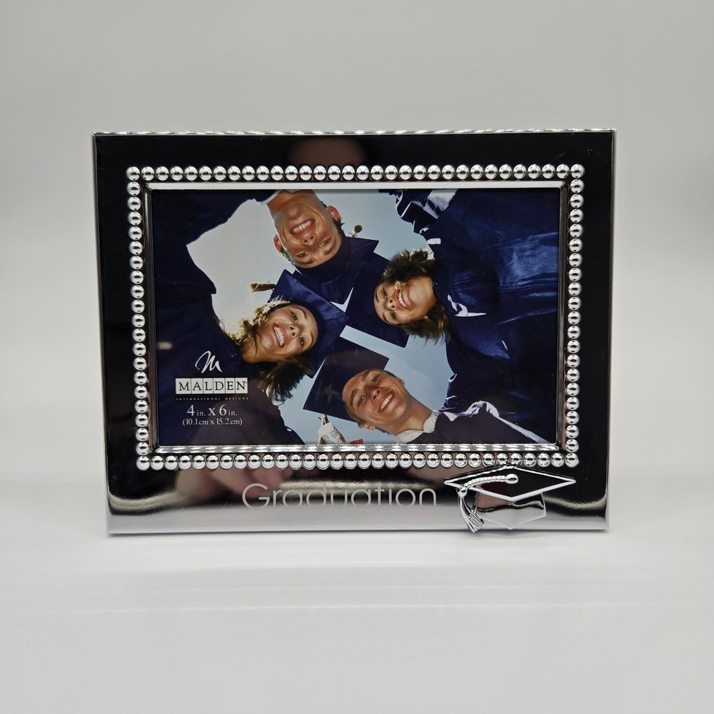 Malden Intl. Graduation Picture Frame 4x6 Silver‎ Metal Beaded Mortarboard